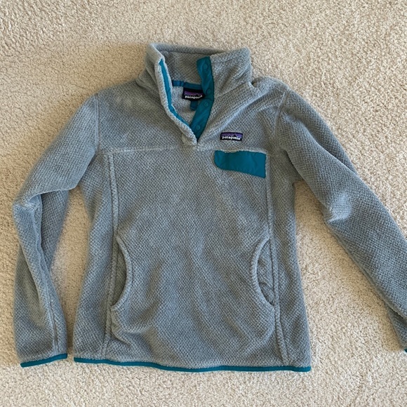 Patagonia Kids Boys Medium Gray & Turquoise Snap Fleece Pullover Jacket